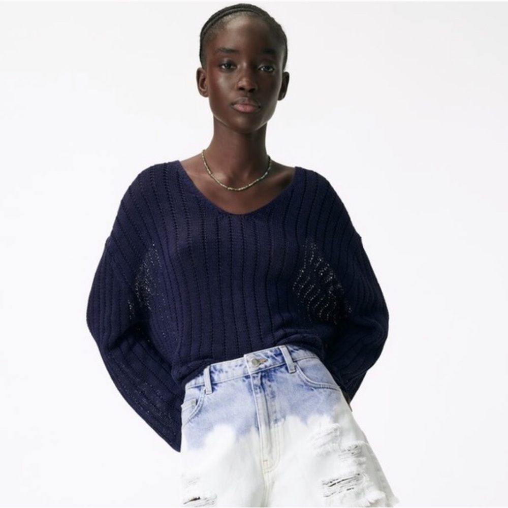Zara Women's open knit Navy blue oversized Sweater coastal Y2K size small